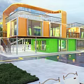 Modern Museum Building With Colorful Yellow Green Structures And Open Exhibition Space
