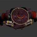 Red Costume Character Wearing Hat Carrying Backpack Standing Against Gray Background