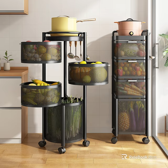 Mobile Multi Tiered Kitchen Storage Racks With Mesh Baskets For Vegetable Fruit Organization 3d model 