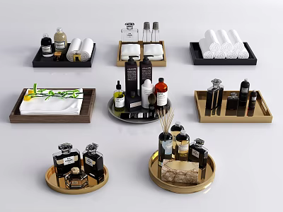 Stylish Bathroom Accessories Set With Trays Towels Soap Dispensers And Scented Candles 3d model
