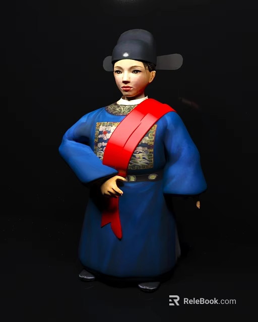 Game Movie Character in Blue Traditional Costume with Red Sash and Ancient Decorative Patterns 3d model 