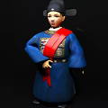 Game Movie Character in Blue Traditional Costume with Red Sash and Ancient Decorative Patterns
