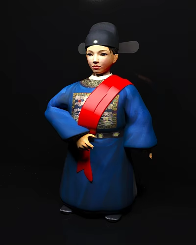 Game Movie Character in Blue Traditional Costume with Red Sash and Ancient Decorative Patterns 3d model