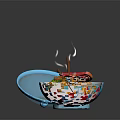 Blue Bowl With Red Animal Patterns Holding Hot Ramen And Fresh Toppings
