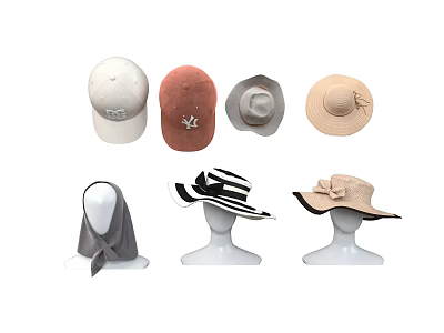 Stylish Assorted Hats Featuring Baseball Cap Fedora Straw and Wide Brimmed on Mannequin Heads 3d model