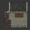 Cartoon Scene Chinese Traditional Building With Tile Roof Wooden Facade Red Lanterns And Earthen Jars