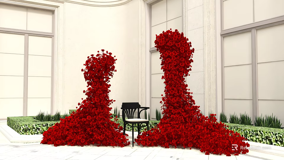Stunning Photo Spot With Giant Red Flower Decorations Black Chair And White Walls 3d model 