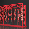 Interactive Zone With Red Chinese Lattice Frame And Hanging Lanterns Decor 3d model