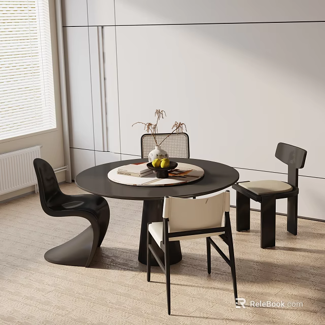 Modern Round Dining Table Set with Black and White Chairs Fruit Bowl and Decorative Vase 3d model 