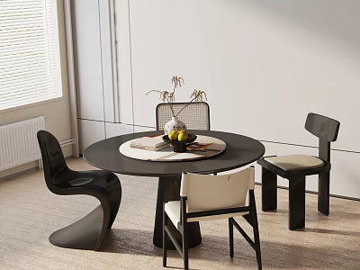 Modern Round Dining Table Set with Black and White Chairs Fruit Bowl and Decorative Vase 3d model