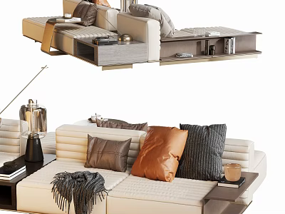 Modern Beige Sectional Sofa With Brown Orange Gray Pillows And Throw Blanket 3d model