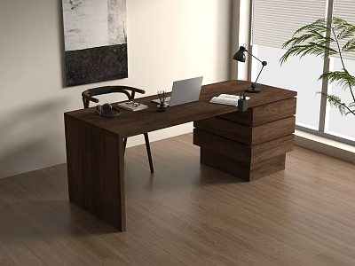 Wooden Desk With Laptop Desk Lamp Books Pen And Chair Near Window With Plant 3d model