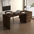 Wooden Desk With Laptop Desk Lamp Books Pen And Chair Near Window With Plant