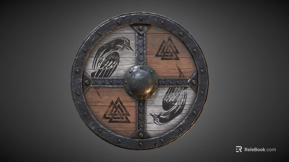 Viking Wooden Shield With Metal Rivets Central Dome Raven Designs And Norse Symbols 3d model 