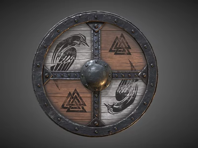 Viking Wooden Shield With Metal Rivets Central Dome Raven Designs And Norse Symbols 3d model