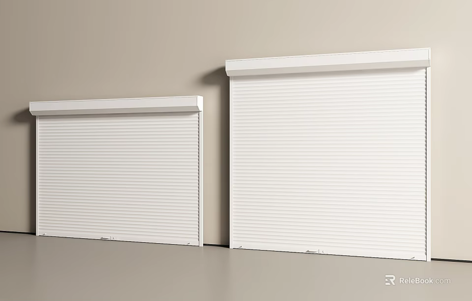 Two White Roller Shutters Of Different Sizes With Vertical Slats Against Beige Wall 3d model 