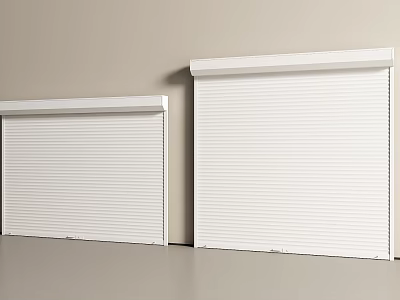 Two White Roller Shutters Of Different Sizes With Vertical Slats Against Beige Wall 3d model
