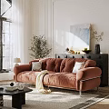 Comfortable Modern Living Room Sofa Coffee Table Set With Orange Velvet Couch And Decorative Art