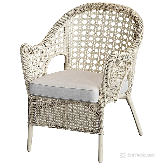 Rattan Lounge Chair With Woven Design And Light Gray Cushion 3d model 