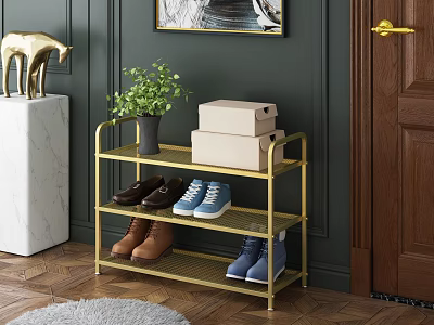 Modern Golden Multi Tiered Shoe Rack For Shoes Storage With Decorative Plant 3d model
