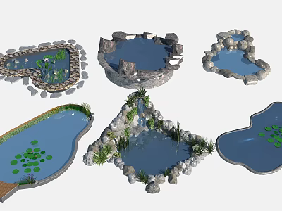 Decorative Garden Ponds With Stones Aquatic Plants Lily Pads And Wooden Walkway 3d model
