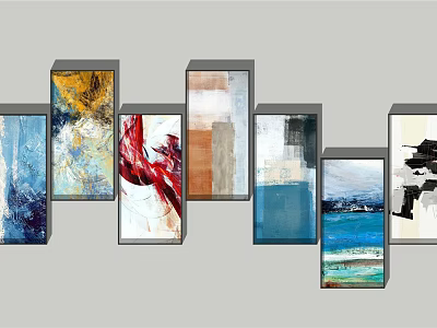 Various Colorful Modern Abstract Paintings With Blue Red Yellow Framed Art 3d model