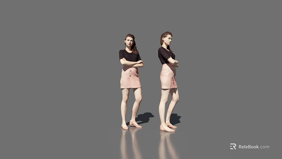 Woman in Black Top and Pink Skirt with Arms Crossed Standing Gray Background Floor Reflection 3d model 