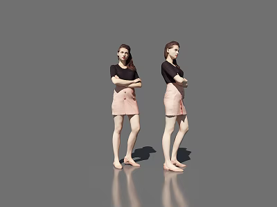 Woman in Black Top and Pink Skirt with Arms Crossed Standing Gray Background Floor Reflection 3d model