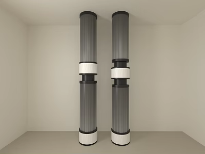 Two Tall Gray Columns With White Ring Decorations In Light Colored Room Interior 3d model