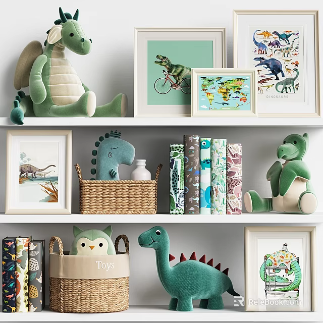Green Dinosaur Themed Decorative Ornament Set with Plush Toys Figurines Picture Frames Books and Baskets 3d model 