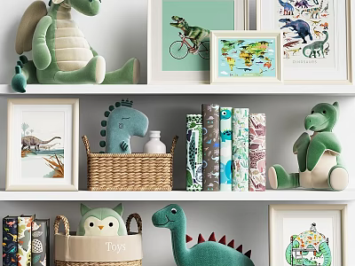 Green Dinosaur Themed Decorative Ornament Set with Plush Toys Figurines Picture Frames Books and Baskets 3d model