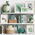 Green Dinosaur Themed Decorative Ornament Set with Plush Toys Figurines Picture Frames Books and Baskets