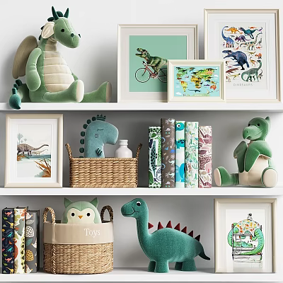 Green Dinosaur Themed Decorative Ornament Set with Plush Toys Figurines Picture Frames Books and Baskets 3d model