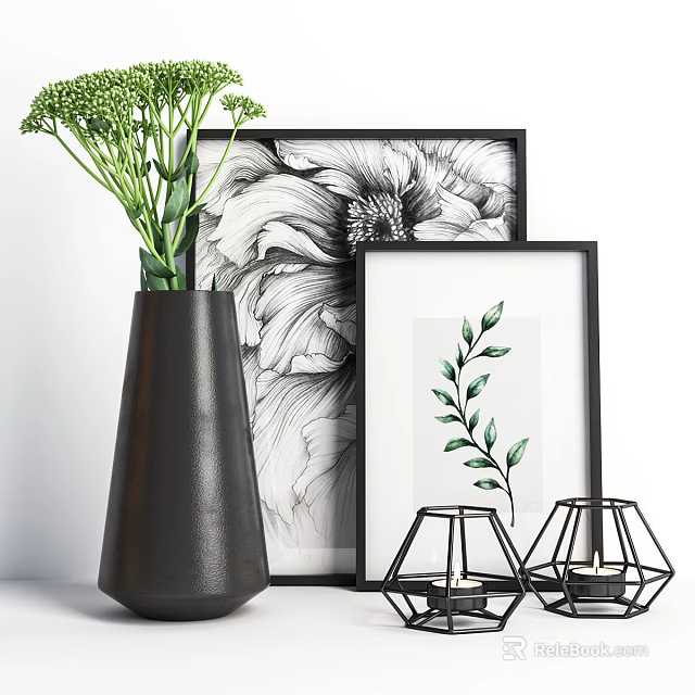 Stylish Decorative Ornament Set With Black Vase Green Bouquet Picture Frames And Geometric Candle Holders 3d model 