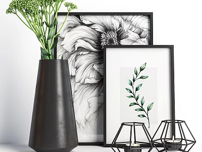 Stylish Decorative Ornament Set With Black Vase Green Bouquet Picture Frames And Geometric Candle Holders 3d model