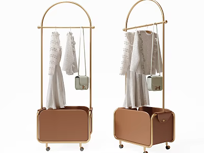 Gold Metal Clothes Rack with Brown Storage Compartment Hanging Clothes and Handbags on Wheels 3d model