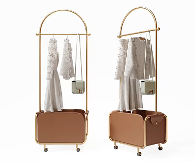 Gold Metal Clothes Rack with Brown Storage Compartment Hanging Clothes and Handbags on Wheels 3d model