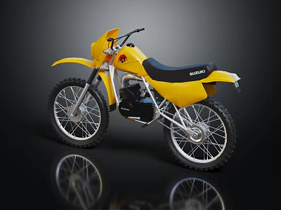 Yellow Suzuki Off Road Motorcycle With Black Seat And Reflective Surface 3d model