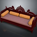 Traditional Wooden Sofa with Intricate Carved Backrest Armrests Pink Seat Cushion and Yellow Bolsters