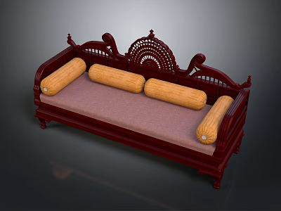 Traditional Wooden Sofa with Intricate Carved Backrest Armrests Pink Seat Cushion and Yellow Bolsters 3d model
