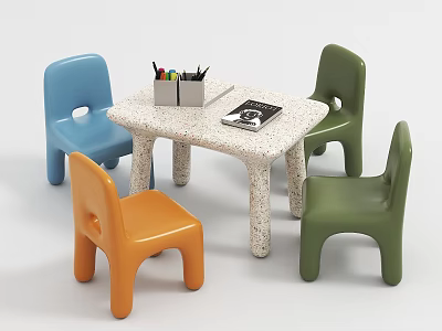 Colorful Kids Table and Chair Set with Speckled Top Assorted Pens and Magazine 3d model