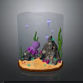 Underwater Natural Scene With Purple Octopus Jellyfish Green Seaweed Sandy Bottom And Colorful Corals