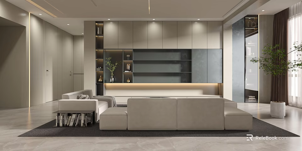 Elegant Modern Minimalist Living Room With Full Wall Storage Units And Soft Sectional Fabric Sofa 3d model 