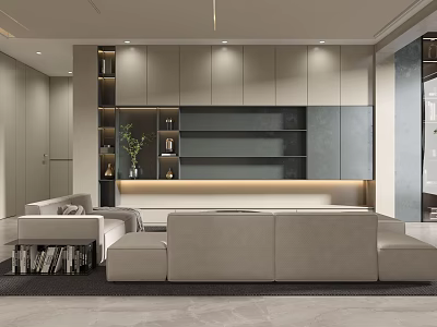 Elegant Modern Minimalist Living Room With Full Wall Storage Units And Soft Sectional Fabric Sofa 3d model