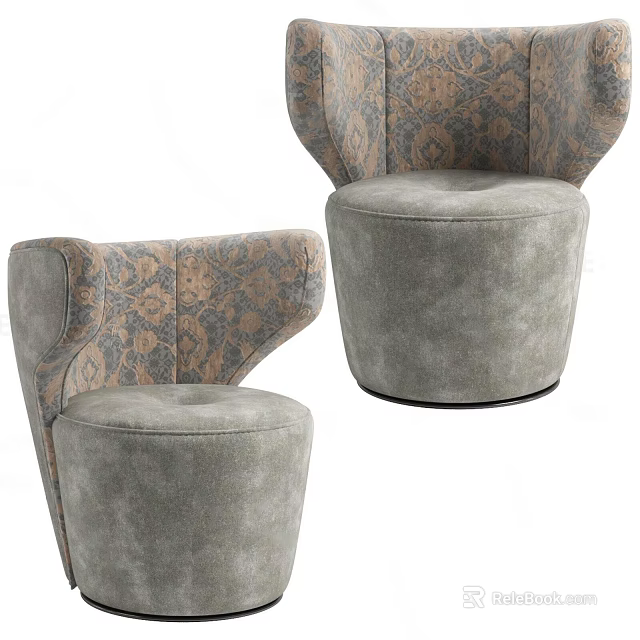 Elegant Single Sofa With Patterned Backrest And Round Gray Fabric Cushion Design 3d model