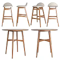 Wooden Round Table And Bar Stools Set With Light Gray Cushions 3d model