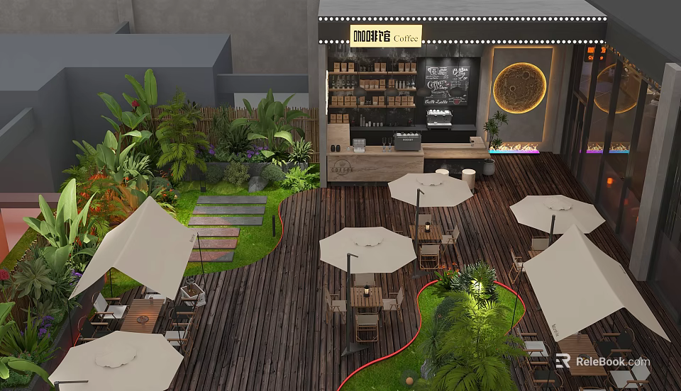 Cozy Outdoor Café With Wooden Deck White Umbrellas Tables And Green Plants 3d model 