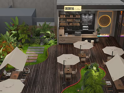 Cozy Outdoor Café With Wooden Deck White Umbrellas Tables And Green Plants 3d model