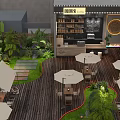 Cozy Outdoor Café With Wooden Deck White Umbrellas Tables And Green Plants