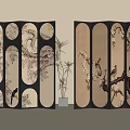 Traditional Room Divider Interior With Floral Landscape Patterns And Bamboo Plant